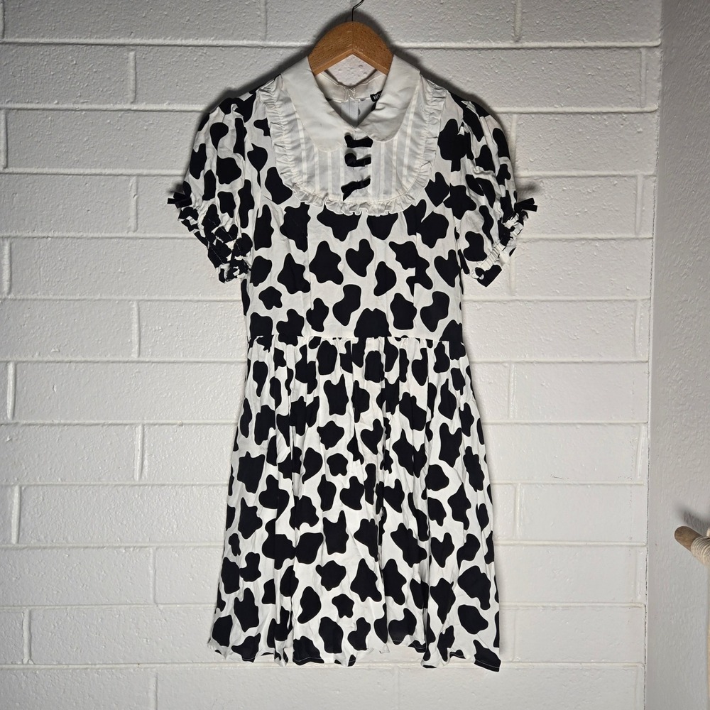Hot Topic Cow Print Lolita Dress Large Peter Pan Collar Bow Altcore Goth Emo